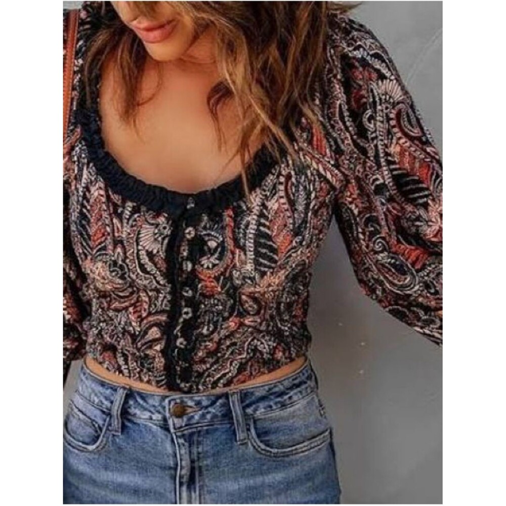 Free People Dare Me Tie-Back Velvet Blouse $128 X-SMALL Black Combo XS Top Shirt